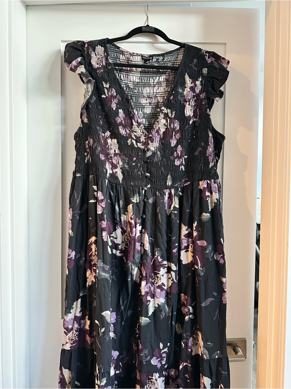torrid Black Floral Midi Dress with Purple and Cream Blooms